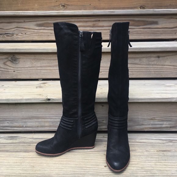 black wedge riding boots